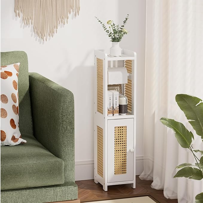 AmazerBath Toilet Paper Holder Cabinet, Bamboo Toilet Paper Holder Stand for Bathroom, Small Toilet Paper Storage Cabinet with Rattan Door, 30.3x7.8x7 inches, White