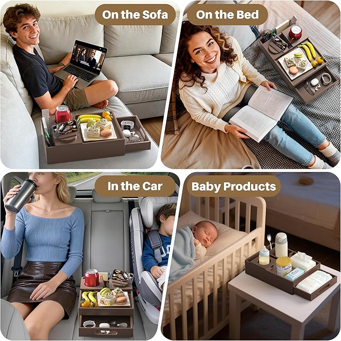Couch Cup Holder Tray, 7-in-1 Couch Caddy Tray, Sofa Side Table with Push-Pull Drawer to Organize and Store Small Objects, 360°Swivel Phone Holder, for Drinks, Cups, Snacks, Remote（Chestnut）