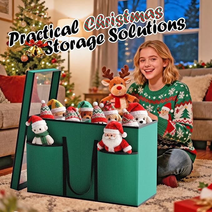 Christmas Figurine Storage Box & Nutcracker Storage Containers with Visible Lid and Cardboard Dividers, Keeps 8 Holiday 15"-Figurine Collectibles, Xmas Decoration Storage Bag, 600D Oxford / Green