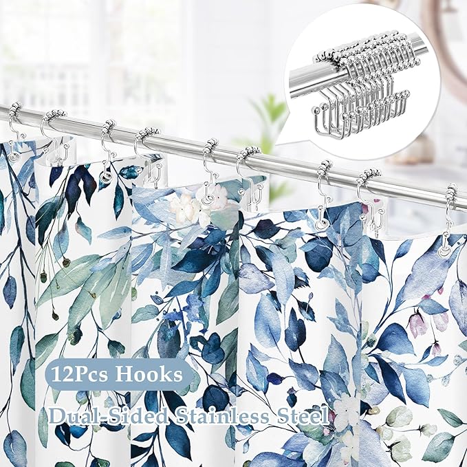 Gibelle 3 in 1 Shower Curtain Set, 72x72 Blue Eucalyptus Bath Curtain and PEVA Liner Set with 12 Metal Hooks, Waterproof Fabric Bathroom Curtain