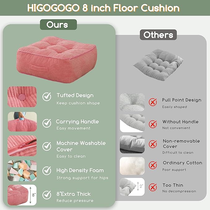 HIGOGOGO 8" Extra Thick Floor Pillow Cushion for Adults, Meditation Cushion Pillow, Large Square Floor Sitting, Tufted Corduroy Cover, for Tatami Living Room or Yoga, 22x22 Inch, Pink