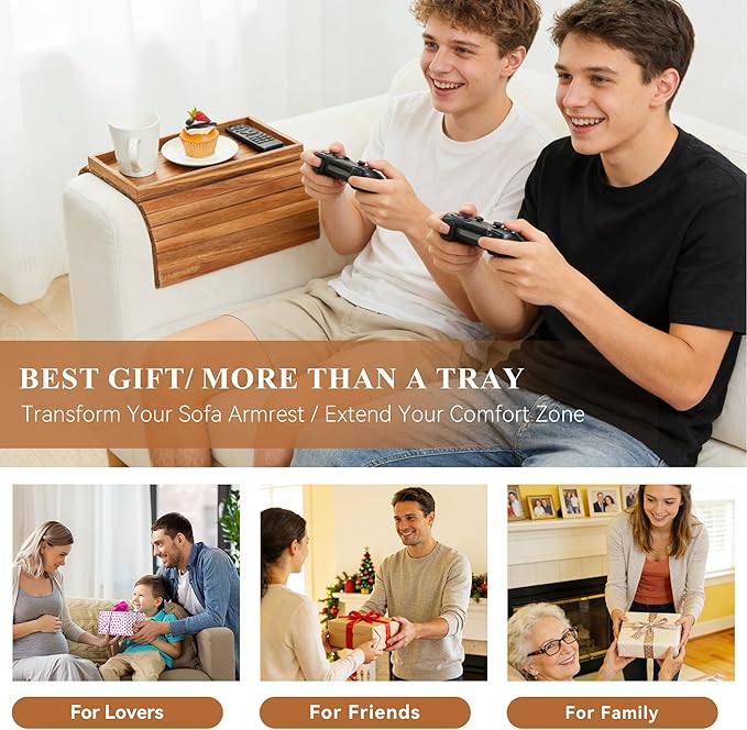 GEHE Acacia Wood Sofa Arm Tray, Foldable Couch Arm Tray Side Table, Anti-Falling Armrest Tables Cup Holder for Snacks, Drinks, Beers, Phone, Control, Flexible and Portable, Anti-Slip