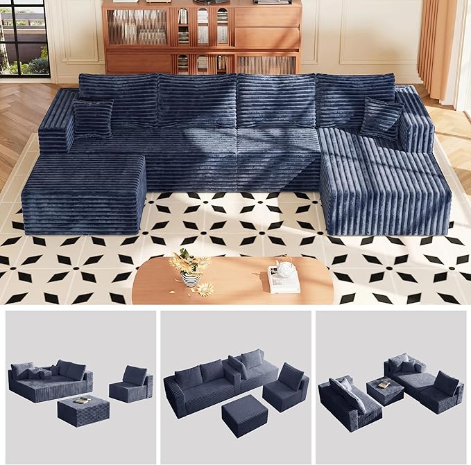 118" Modular Sectional Sofa, Boneless Compressed Sofa in a Box, U-Shaped Cloud Couch with Deep Seats & Chaise for Living Room, No Assembly Required (Blue, 118" U-Shape with Right Facing Chiase) | Boneless Compressed, Sofa in a Box, Cloud Couch, Deep Se...