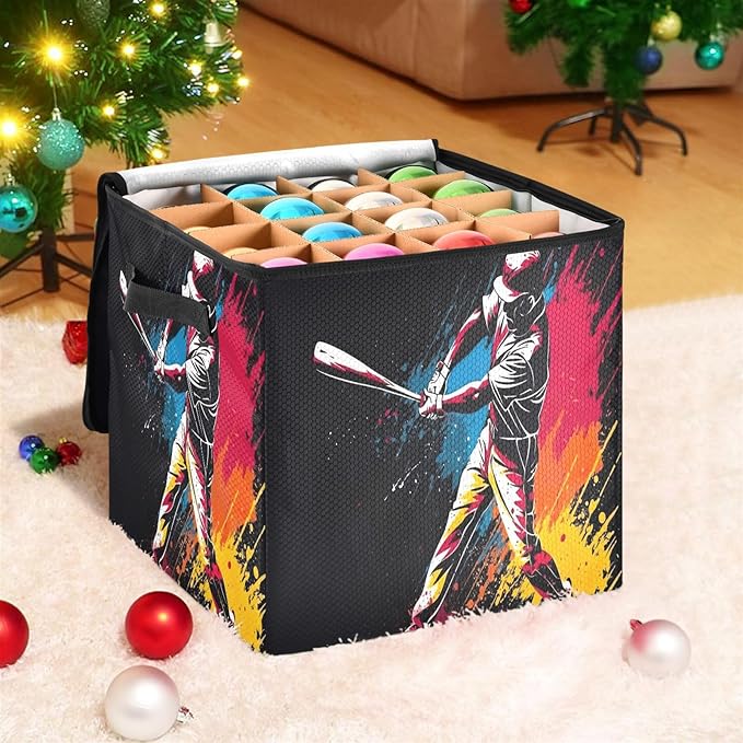 Kigai Baseballer Christmas Ornament Storage Box with Zipper & Adjustable Dividers Holiday Ornament Organizer Xmas Storage Container, 64 Balls