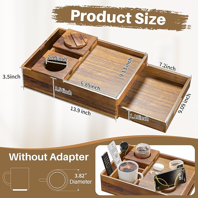 Acacia Wood Couch Cup Holder, 7-in-1 Couch Caddy Tray, Sofa Side Table with Push-Pull Drawer to Organize and Store Small Objects, 360°Swivel Phone Holder, for Drinks, Cups, Snacks, Remote