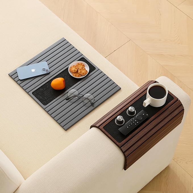 Bamboo Couch Arm Tray Table with Anti-Slip Cork Pad，Foldable Sofa Armrest Tray Table for Couch，Flexible Couch Arm Cup Holder，Portable Sofa Arm Chair Table for Drink, Snacks, Phone, Remote (Brown)
