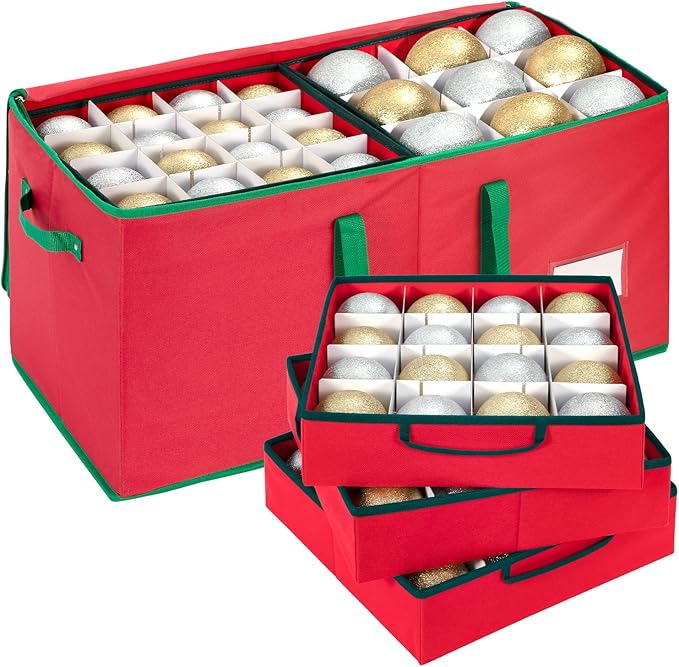 DIMESHY Large Christmas Ornament Storage Box With Adjustable Dividers,Ornament Storage Container with 8 Removable Trays for 128 Holiday Decorations,Red