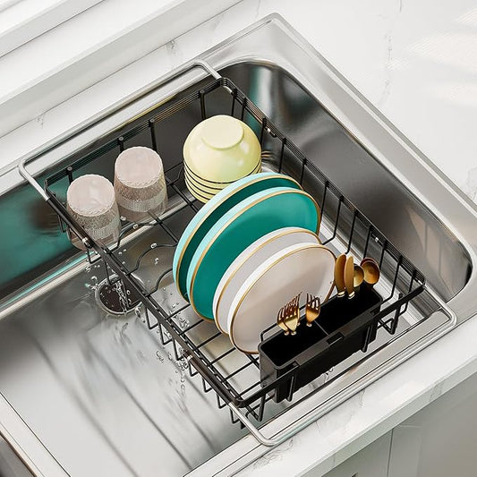 Small Dish Drying Rack in Sink, Expandable Stainless Steel Dish Drainers for Kitchen Counter, with Drain Board & Utensil Holder(Black)
