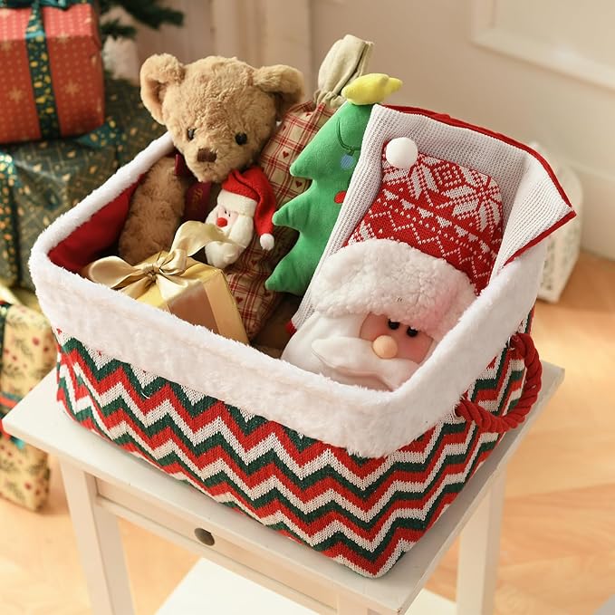INough Christmas Ornament Storage Box Holiday Decoration Organizer, Knitted with Bulky Yarn Christmas Basket for Kids Gifts Baskets Empty with Handles Santa Sack with Drawstring (Large, Green Wave)