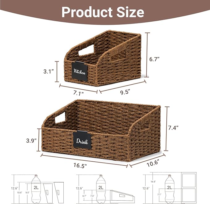 Wicker Baskets for Organizing, Pantry Baskets with Built-in Handles, Handwoven Wicker Storage Basket, Paper Storage Bins for Shelves, Small - 2pcs, Brown