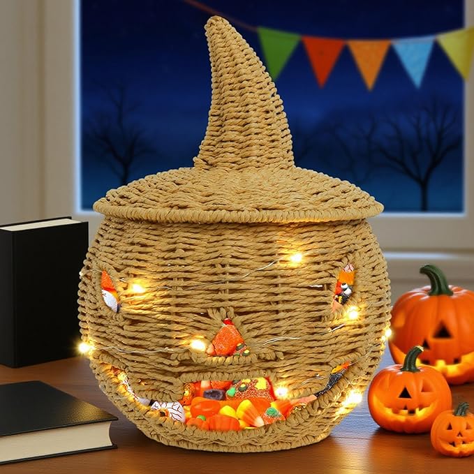 Halloween Candy Basket Handwoven Pumpkin Decors User Friendly Iron Frame Sturdy Storage for Homes Party School