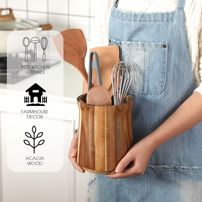 Teenyyou 2 Pcs Wooden Utensil Holder 360° Rotating Kitchen Utensil Holder 7.3" and 5.7" Large Cooking Tool Organizer Crock for Kitchen Countertop Farmhouse Home Decoration
