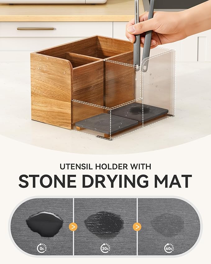 Yofidra Kitchen Utensil Holder with Stone Drying Mats, 4 Compartments Corner Utensil Holder for Kitchen Countertop, Extra Large Silverware Organizer (Wood Color)