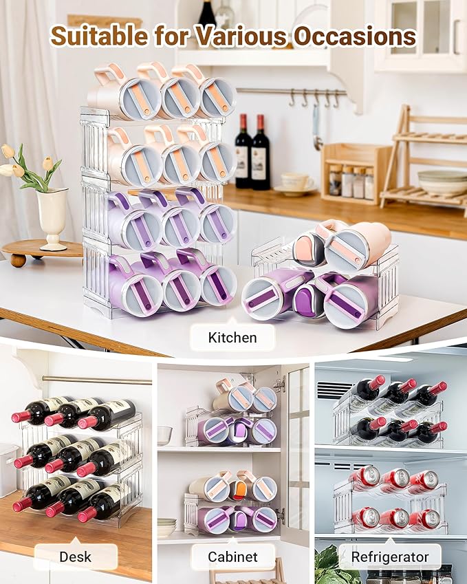 Gracenal Water Bottle Organizer Holder for Stanley Cup Accessories, Fridge Kitchen Cabinet Organizer and Storage for Meoky 40 oz Tumbler with Handle, Stackable Plastic Travel Mug Cup Rack Gifts, 3Pack