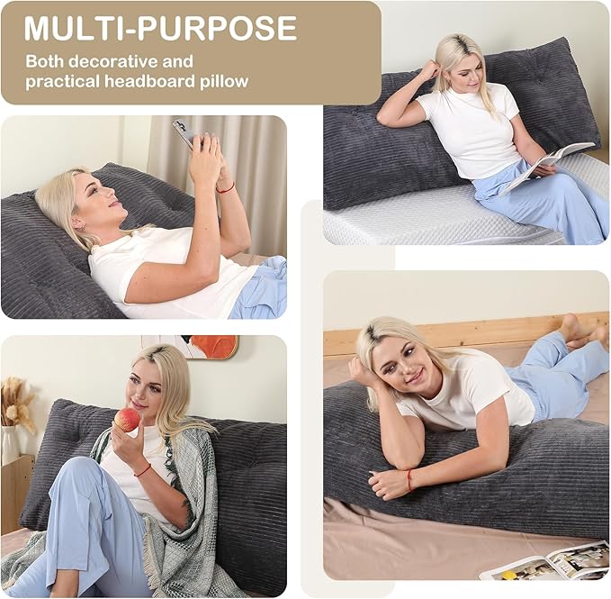 Headboard Pillow King, Wedge Headboard Pillow for Bed Sofa, Triangular Backrest Pillow with Removable Cover for Reading, Working, Sitting, Dark Grey