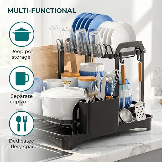 Kitchen Dish Drying Rack, 2-Tier Large Capacity Kitchen Countertop Dish Rack, Metal Dish Rack with Utensil Holder, Cup Holder & Plate Organizer, Black