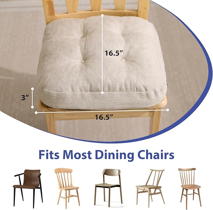 IASEAHK Chair Cushions for Dining Chairs, Dining Chair Cushions, Tufted Indoor Chair Pads with Ties & Non Slip Backing, Seat Cushions for Kitchen Chairs 16.5” x 16.5” x 3.5”, Set of 2, Beige