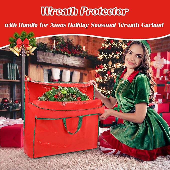 6PCS Christmas Wreath Storage Container, 25" Red Wreath Storage Bags Garland Container Clear Storage Bags with Handles Zippers Christmas Wreath Boxes for Xmas Seasonal Holiday Wreath Garland