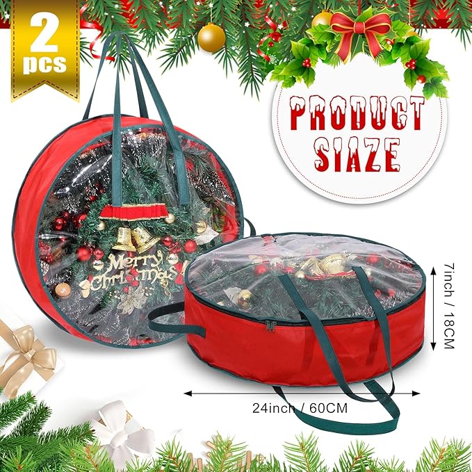 Shappy 2 Pcs Red Wreath Storage Bag Clear Wreath Box Storage Containers with Clear Window and Handle Garland Containers for Holiday Seasonal Bags