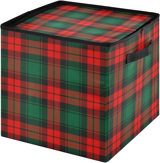 Red Green Christmas Ornament Storage Basket Box Buffalo Plaid Winter Holiday Storage Container Cube with Adjustable Dividers for 64 Holiday Ornaments or Decorations Keep Clean and Dry for Next Season