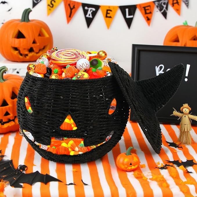 Halloween Candy Basket Handwoven Pumpkin Decors User Friendly Iron Frame Sturdy Storage for Homes Party School