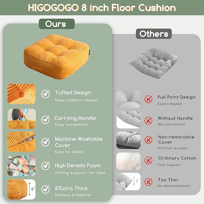 HIGOGOGO 8" Extra Thick Floor Pillow Cushion for Adults, Meditation Cushion Pillow, Large Square Floor Sitting, Tufted Corduroy Cover, for Tatami Living Room or Yoga, 22x22 Inch, 2Pack, Orange