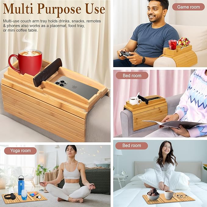 Adjustable 2-in-1 Sofa Cup Holder Tray (Fits 4.5” to 14” Arms) - Foldable Bamboo Couch Caddy with Cup Holder Drink Organizer - Detachable Armchair Caddy with Sofa Arm Tray for Phone Remote Snack.