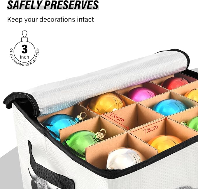 Kigai Highland Cow Christmas Ornament Storage Box with Zipper & Adjustable Dividers Holiday Ornament Organizer Xmas Storage Container, 64 Balls