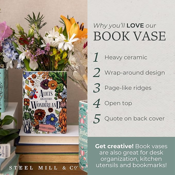 Steel Mill & Co Original Large Book-Shaped Decorative Vase, Ceramic Vases for Home Decor, Cute Bookshelf Decor, Unique Vase for Book Lovers, Alice's Adventures in Wonderland - Floral Nonsense