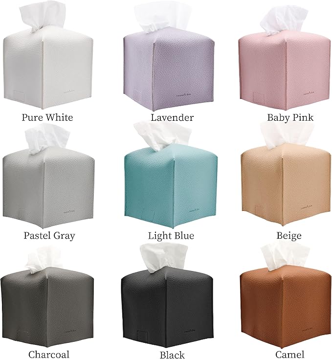 Tissue Box Cover Holder, Square with Bottom Belt by Carrot's Den - PU Leather Decorative Organizer for Tabletop, Bathroom, Car, Office | Black