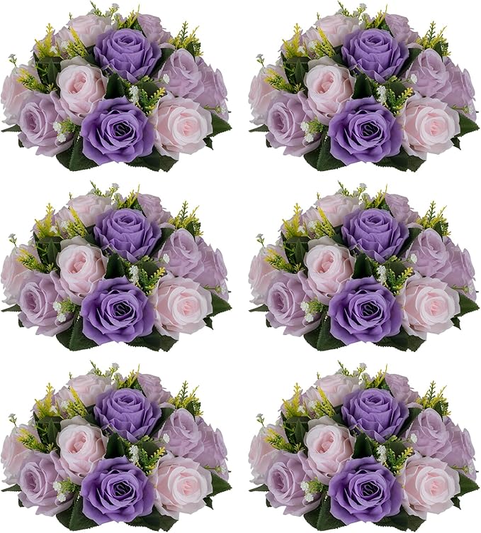 NUPTIO Artificial Flower Ball Centerpieces: 6 Pcs Lilac & Purple & Pink Rose Arrangements for Wedding Party Tables - Faux Silk Floral DIY Kissing Balls for Home Event Dining Decorations