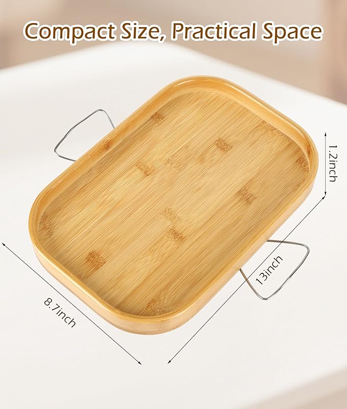 Sofa Arm Tray Table, Bamboo Couch Armrest Tray Clip-On with Adjustable Width Support Leg, Non-Slip Silicone Pads & Scratch Protection, Couch Side Table for Drinks, Snacks, Remote
