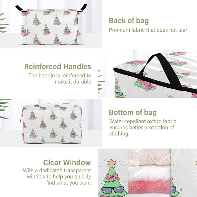 Burbuja Christmas Tree Clothes Storage Bag with Lids and Handle, 2 Pack Foldable Blanket Storage Container with Sturdy Zipper & Clear Window for Bedroom Closet, 60L
