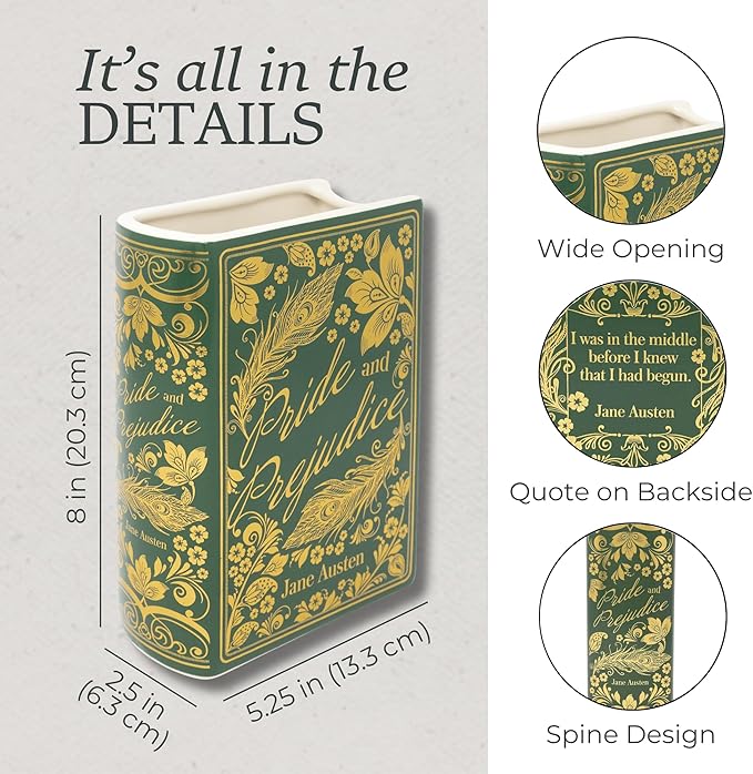 Steel Mill & Co Original Large Book-Shaped Decorative Vase, Ceramic Vases for Home Decor, Cute Bookshelf Decor, Unique Vase for Book Lovers (Pride and Prejudice - Collector's Edition)