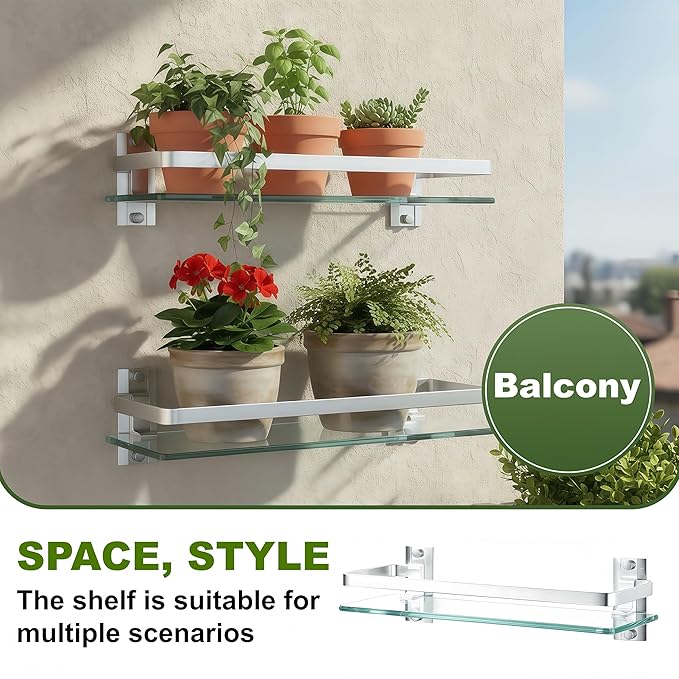 AIJALY 2 Pack Bathroom Glass Shelf,15.7 Inches Silver Bathroom Shower Glass Shelf Wall-Mounted, Metal Storage Floating Kitchen Shelf
