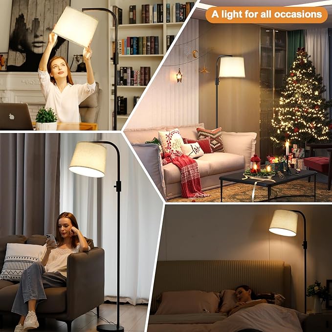 Ambimall 𝐅𝐮𝐥𝐥𝐲 𝐃𝐢𝐦𝐦𝐚𝐛𝐥𝐞 Floor Lamp - Floor Lamps with 9W 𝐋𝐄𝐃 Bulb, Standing Lamps for Living Room with Adjust Head, Modern Standing Tall Light Rotary Switch for Office(Black and Grey)