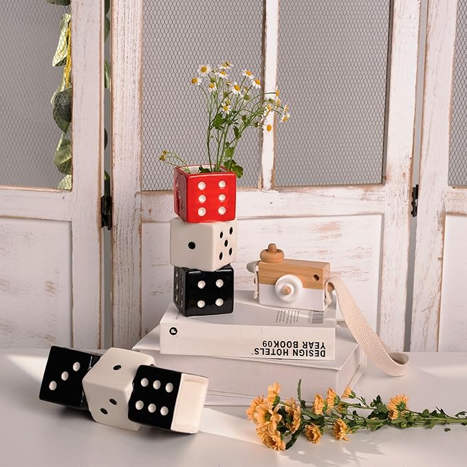 MOUGIGI Funky Dice Vase - Unique Ceramic Home Decor for Bars| Stylish Black, White & Red Geometric Design | Perfect for Fresh, Dried, or Artificial Flower Arrangements | Ideal Gift for Art Lovers