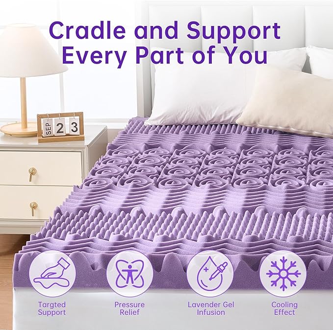 MUXHOMO 3.9 Inch 7-Zone Queen Mattress Topper, Egg Crate Memory Foam Mattress Topper Queen Size for Back Pain, Lavender Cooling Gel Infused Bed Pad, CertiPUR-US and Oeko-TEX Certification (60"×80")
