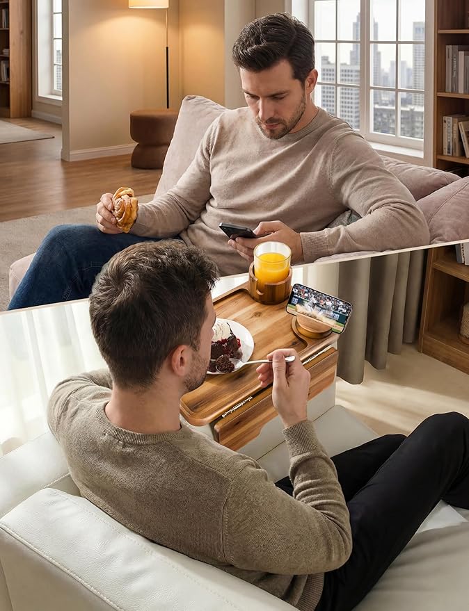HOLANA Acacia Wood Couch Arm Tray, 15.74”x9.8” Arm Table for Couch - Couch Cup Holder Tray with Rotated Phone Holder, Cup Holder - Clip on Sofa Armchair Caddy with Non-Slip Pad (Acacia)