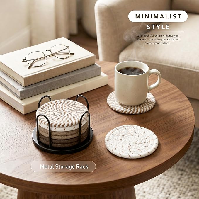 Lazebox Coasters Set of 8 for Drinks, Beer, Coffee, Cotton Woven 4 Colors Absorbent Coaster with Holder, Boho Coasters for Home Decor Tabletop Protection Suitable for Kinds of Cups