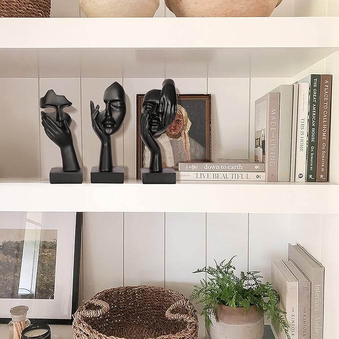 3 Piece Thinker Statue Black Home Decor Abstract Face Sculpture Resin Thinker Figurines for Desktop Office Desk Living Room Table Collection Figurine Decoration Bookshelf Decorative Objects