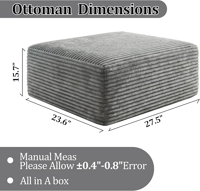 Corduroy Ottoman, Modern Boneless Cloud Foot Rest Foam Support, Oversized Modular Sectional Sofa Stool for Living Room, Bedroom & Small Spaces, No Assembly Required (Light Gray, Ottoman) | Foam Support, No Assembly Required, Living Room/Bedroom