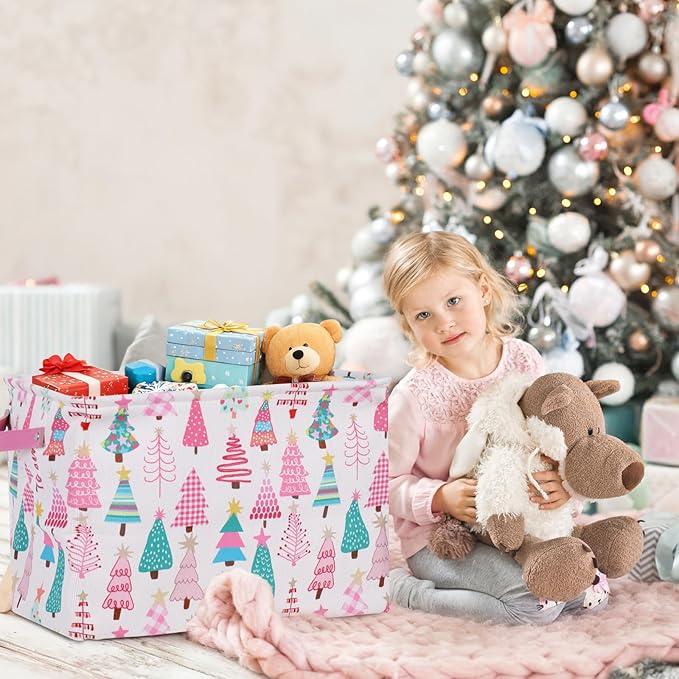 FYSUIMU 2 Pcs Christmas Storage Basket Pink Green Xmas Tree Storage Bins with Handles Rectangle Foldable Container Box for Home Office Nursery Laundry Shelf Closet Toy