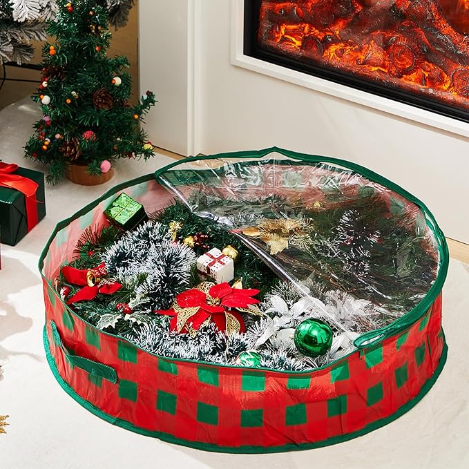 Aliceset 4 Pack Wreath Storage Containers, Ornament Garland Wreath Storage Bags with Handle Zipper Decorative Storages Box for Winter Valentine Wreaths(30 x 30 x 7.8 Inch,Red Green Plaid)