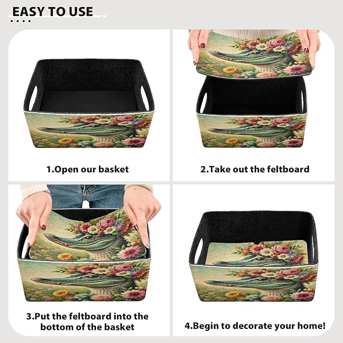 Crocodile Flower Wreath Storage Bins Cubes Basket Foldable Cube Storage Bin Box Fabric Cube Organizer Clothes Basket Laundry Baskets for Bathroom Bedroom Car Office Set of 2