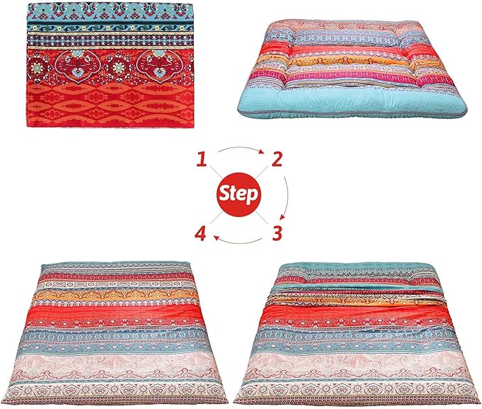 MAXYOYO Bohemian Retro Vintage Floral Japanese Futon Mattress Roll Up Tatami Floor Foldable Mat Portable Camping Mattress Sleeping Pad Floor Lounger Couch, King