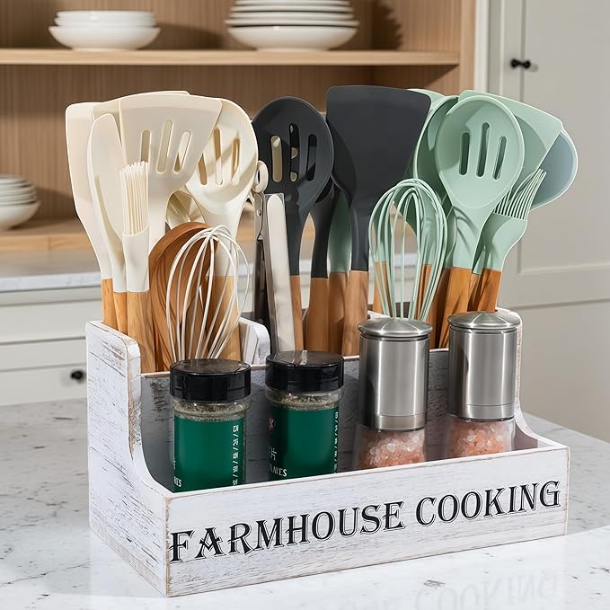 LIBODOUR Utensil Holder,Utensil Holder Kitchenfor Counter,Cooking Spatula Organizer With 4 Compartments,Farmhouse Wooden Storage Rustic Flatware Spoon Tool Organizer(White Grain)