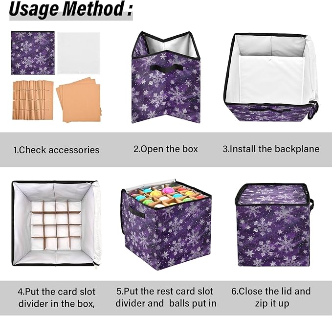 Purple Snowflake Christmas Ornament Storage Basket Box Winter Xmas Holiday Storage Container Cube with Adjustable Dividers for 64 Holiday Ornaments or Decorations Keeps Clean and Dry for Next Season