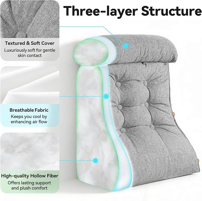 23" H Bed Wedge Reading Pillow with Adjustable Headrest, Reading Pillow for Sitting in Bed Couch Adult Backrest Pillow for Neck Back Lumbar Support with Removable Washable Cover Light Gray