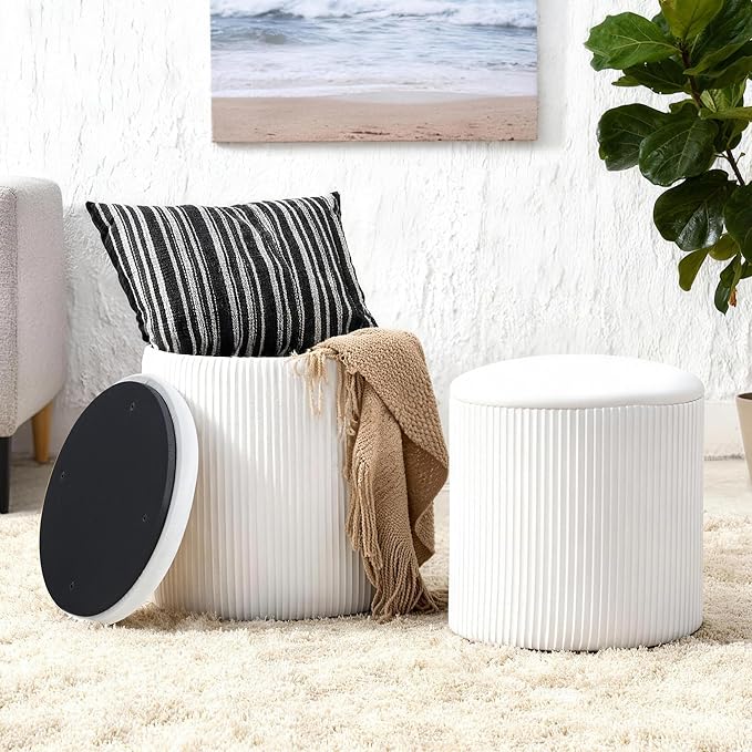 Vanity Stool Set of 2 - Round Storage Ottoman with Lid, Velvet Footrest Pouf for Makeup Room & Living Room, Multi-Use Small Chair with Hidden Storage（White）